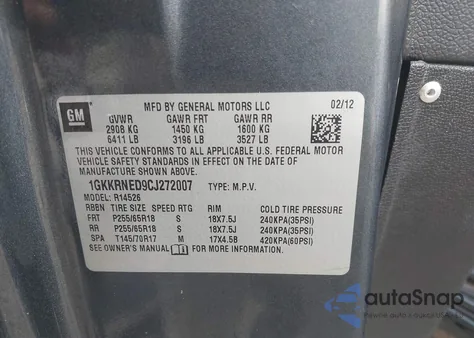 2012 GMC Acadia Sl z USA, uszkodzony, nr VIN 1GKKRNED9CJ272007